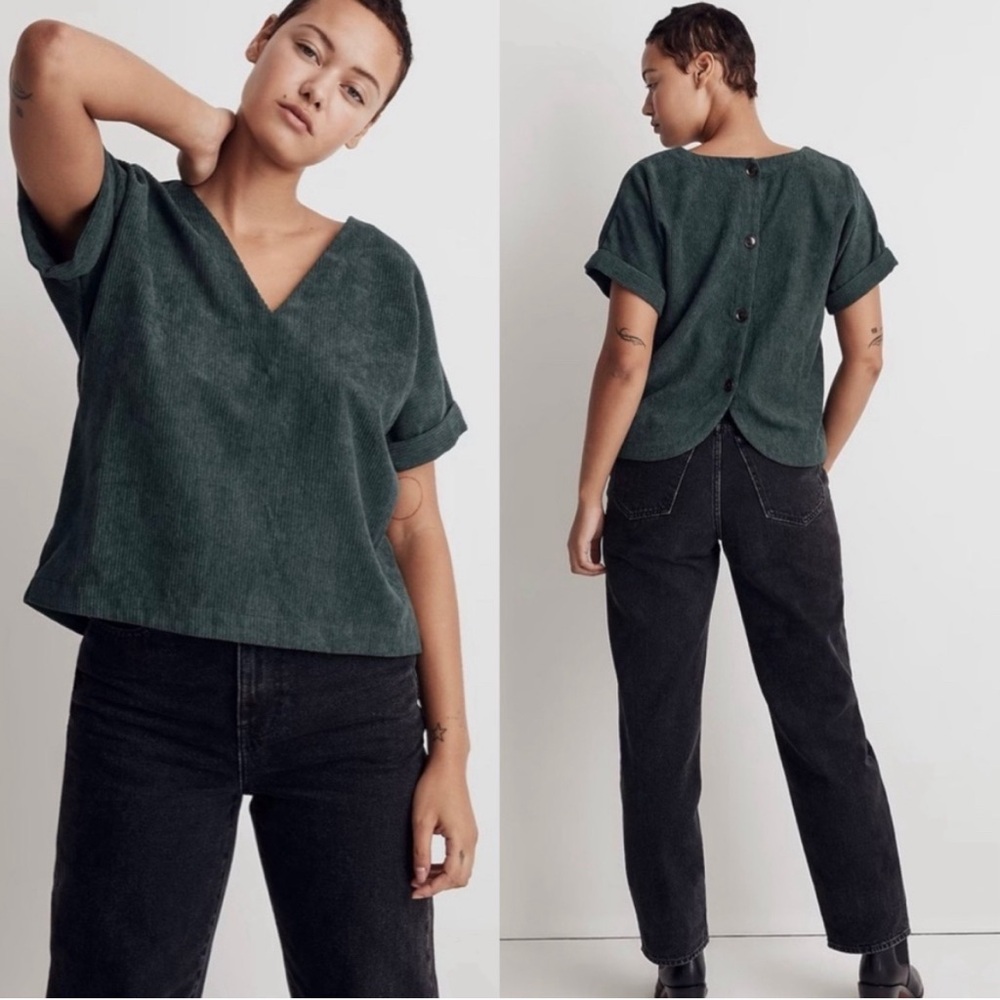 Green V-Neck Button-Back Top